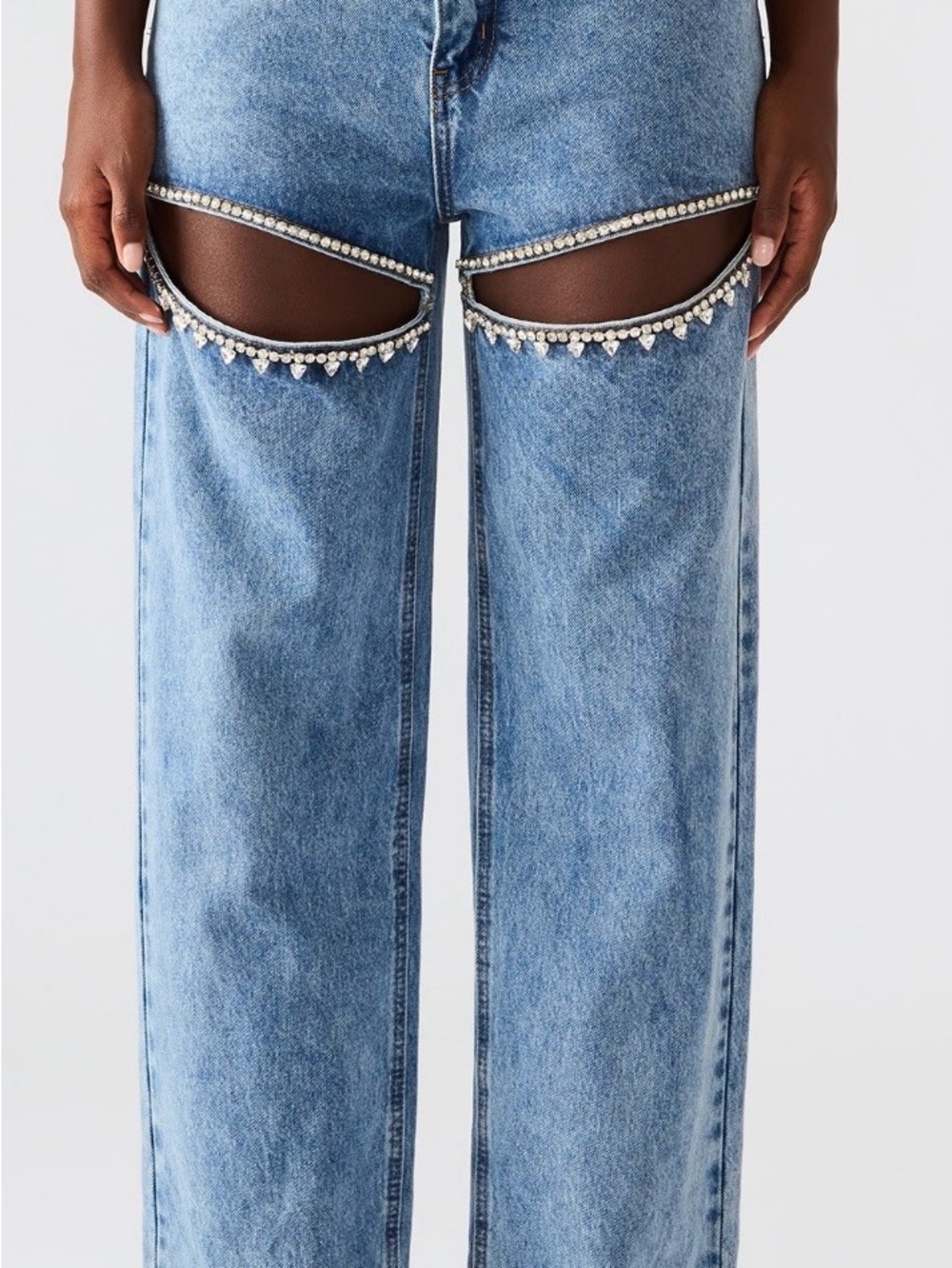 Steve Madden Light Blue Straight-Leg Jeans with Embellished Thigh Cutouts
